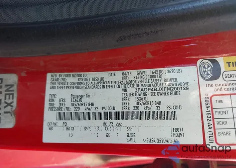 2015 Ford Fiesta Se z USA, uszkodzony, nr VIN 3FADP4BJXFM200129